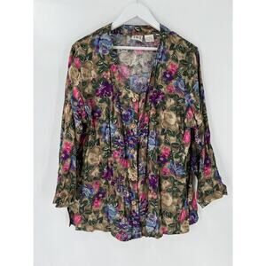 JRT Vintage Blouse Womens Medium Floral Print Button Front Colorful V Neck Top